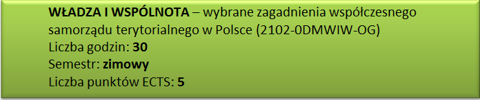 Władza i wspólnota - wybrane zagadnienia współczesnego samorządu terytorialnego w Polsce (2102-0DMWIW-OG) Liczba godzin: 30 Semestr: zimowy Liczba punktów ECTS: 5